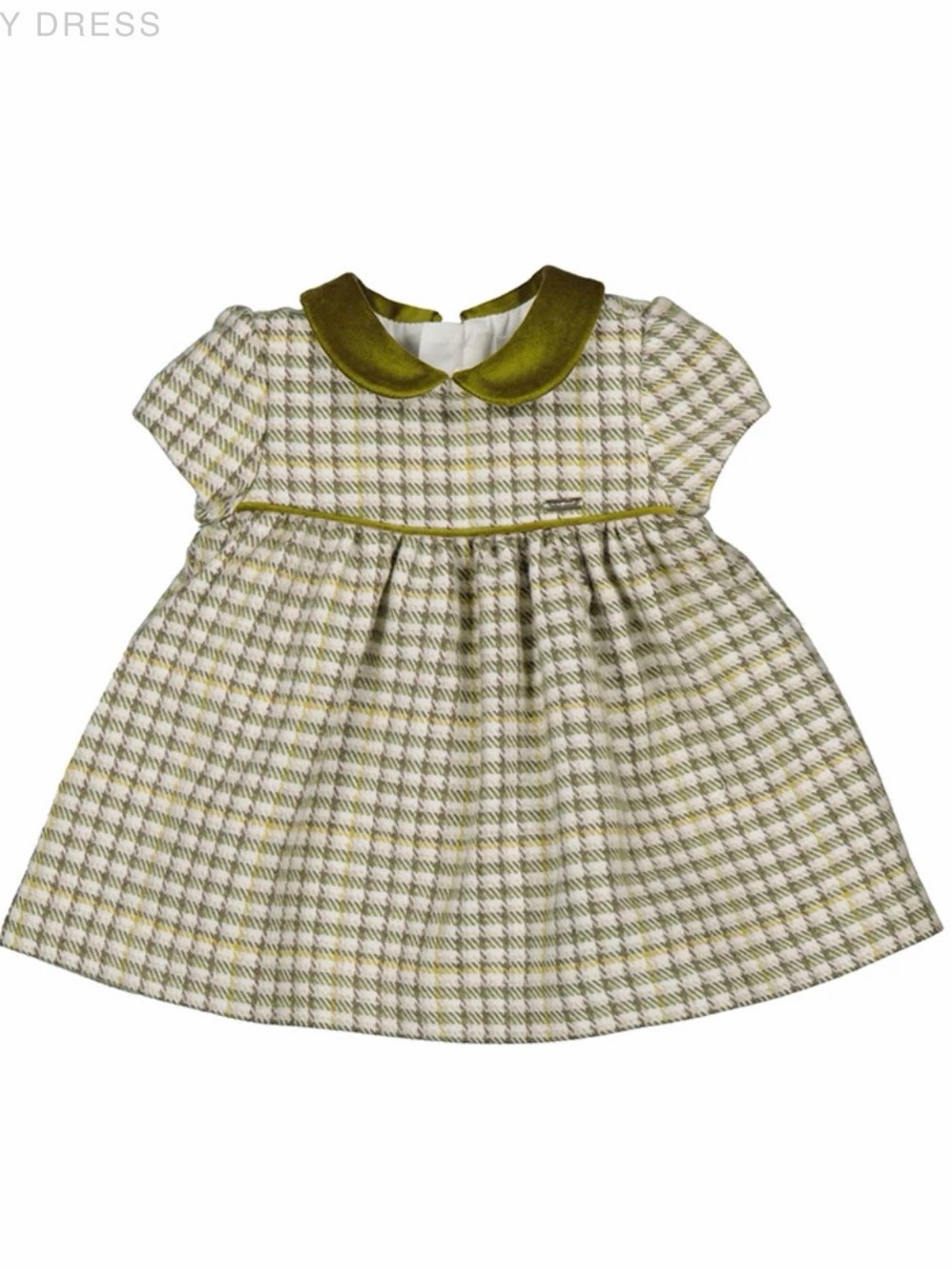 Mayoral Olive Plaid Dress with Velvet Peter Pan Collar
